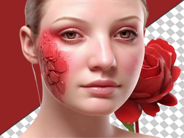 PSD beautiful woman with stamps of red lipstick on her face on transparent background