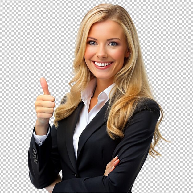 PSD a beautiful women wearing business cloth and shows ok pose on transparent background