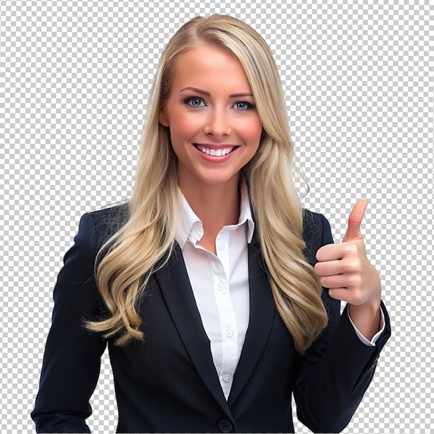 PSD a beautiful women wearing business cloth and shows ok pose on transparent background