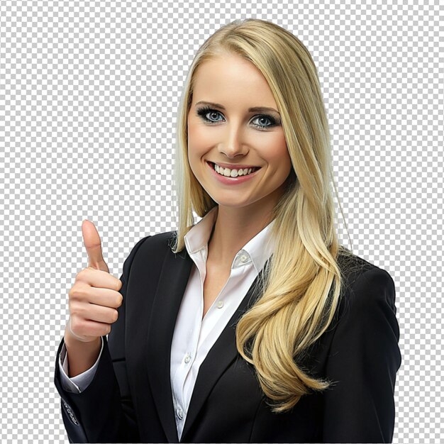 A beautiful women wearing business cloth and shows ok pose on transparent background