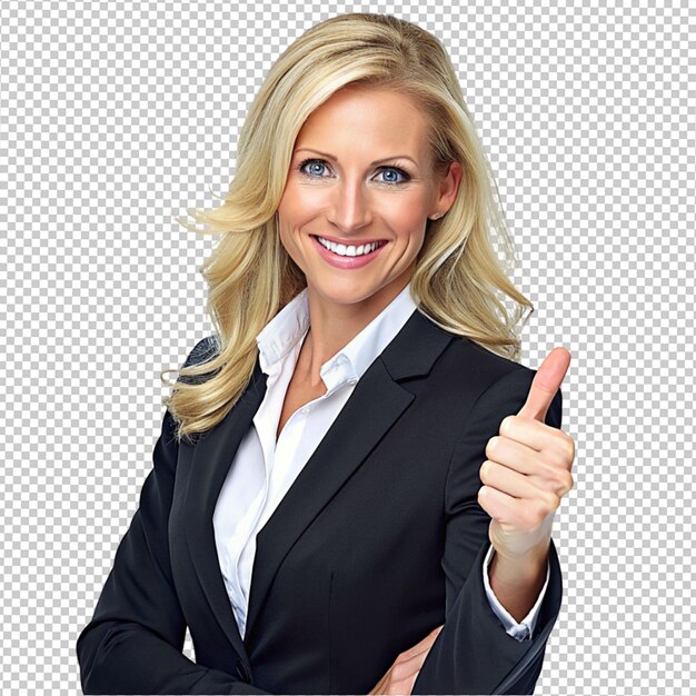 PSD a beautiful women wearing business cloth and shows ok pose on transparent background