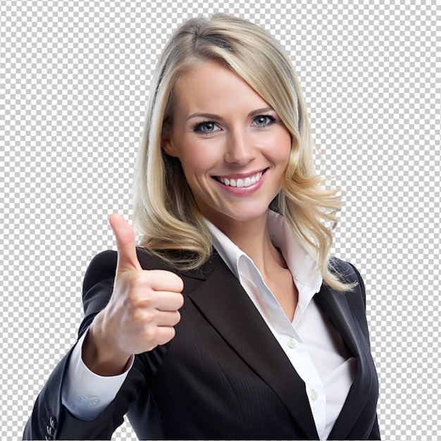 A beautiful women wearing business cloth and shows ok pose on transparent background