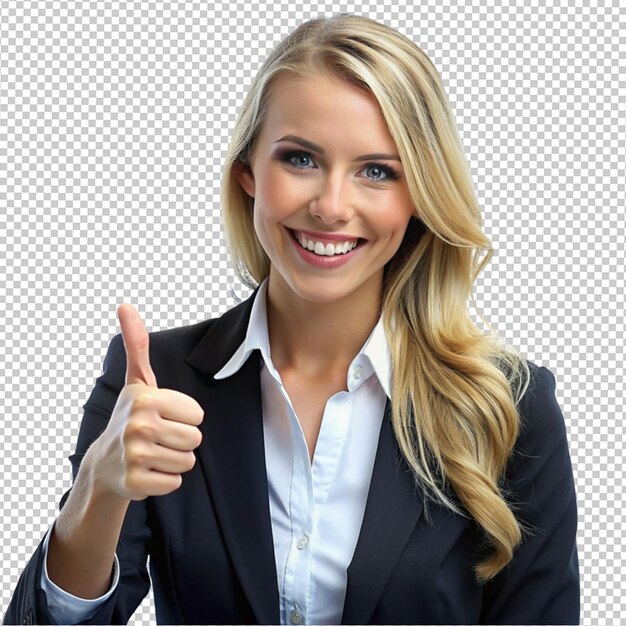 PSD a beautiful women wearing business cloth and shows ok pose on transparent background