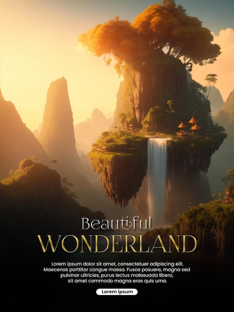 PSD beautiful wonderland poster with fantasy island theme