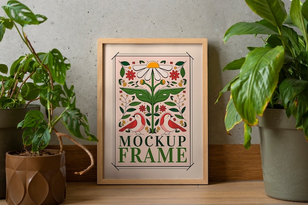 PSD beautiful wooden frame with plants indoors