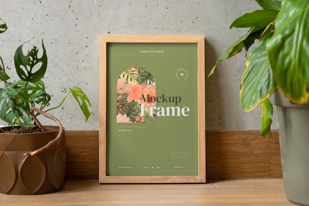 PSD beautiful wooden frame with plants indoors