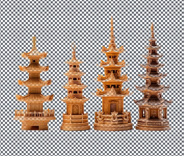 PSD beautiful wooden pagoda sculptures isolated on transparent background