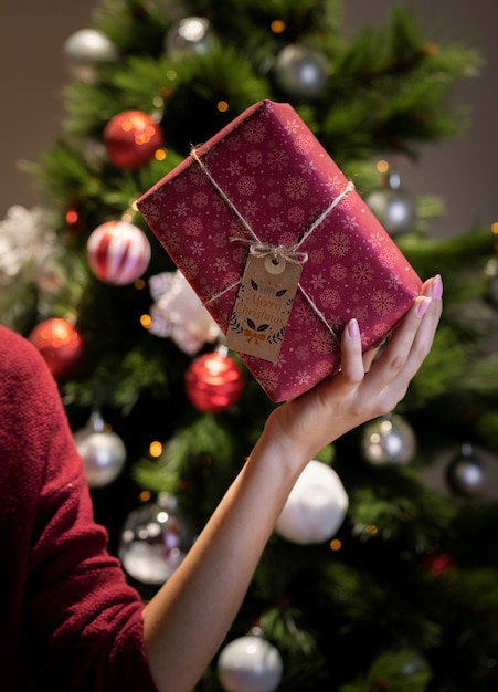 Beautiful wrapped gift with label and rope held in hand