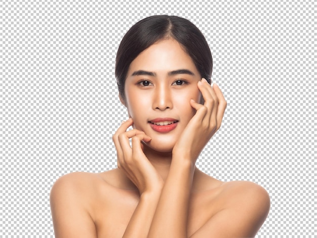 깨끗하고 신선한 피부를 가진 아름다운 젊은 아시아 여성 미용 및 스킨케어 개념의 Psd 파일