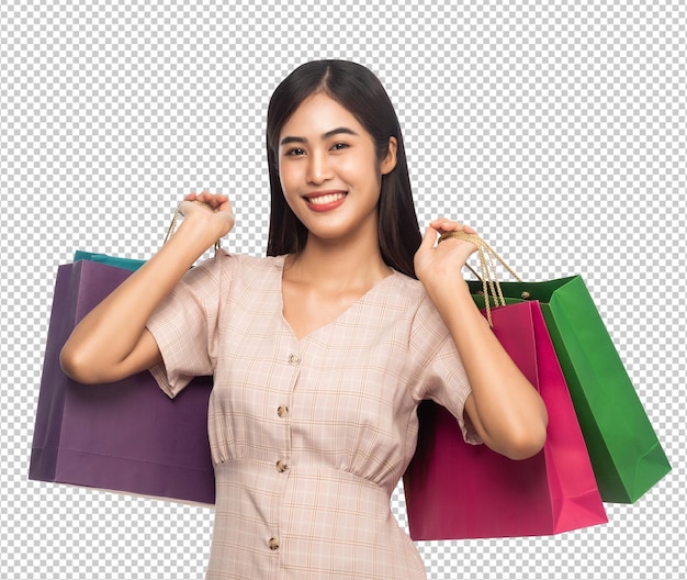 PSD beautiful young asian woman with shopping bags psd file