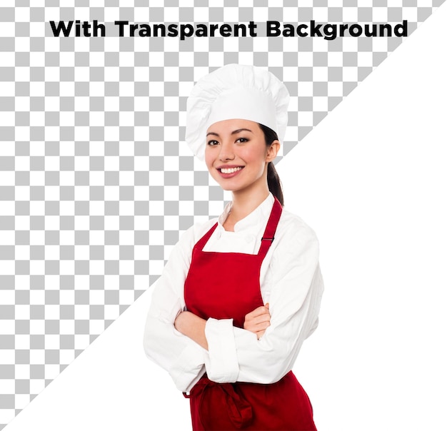 beautiful young chef wearing chef hat and apron folded arms png psd on transparent background