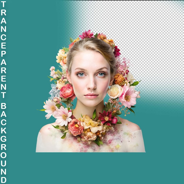 PSD Красивая молодая женщина с длинными волнистыми светлыми волосами в венке весенних цветов, позирующая на прозрачном фоне
