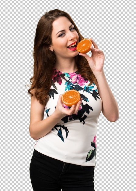 PSD beautiful young girl holding oranges