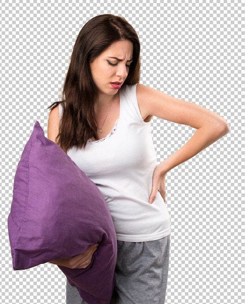 Beautiful young girl with a pillow with back pain