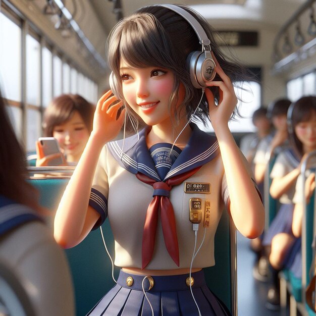 PSD beautiful young hppie freaky trendy asian woman with headphones plugs listening to music in a bus
