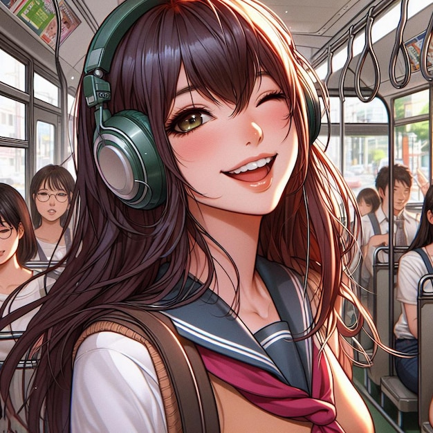 PSD beautiful young hppie freaky trendy asian woman with headphones plugs listening to music in a bus
