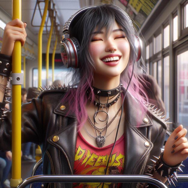 Beautiful young hppie freaky trendy asian woman with headphones plugs listening to music in a bus