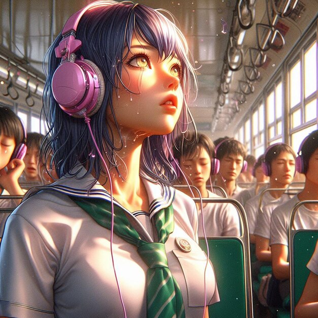 PSD beautiful young hppie freaky trendy asian woman with headphones plugs listening to music in a bus