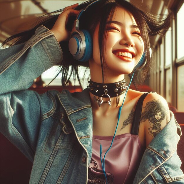 PSD beautiful young hppie freaky trendy woman with headphones plugs listening to music in a bus