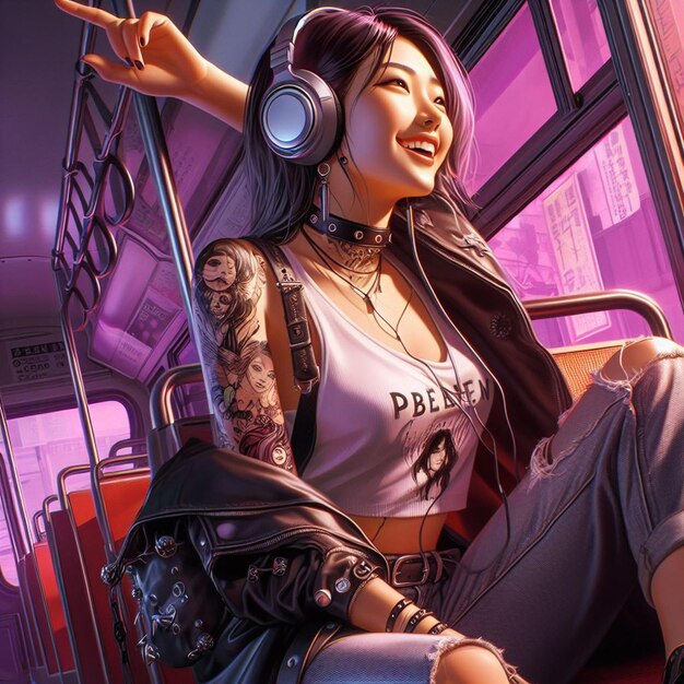 PSD beautiful young hppie freaky trendy woman with headphones plugs listening to music in a bus