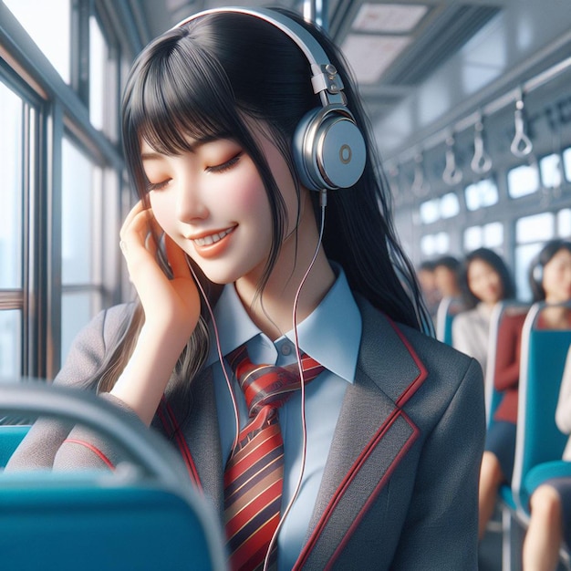PSD beautiful young hppie freaky trendy woman with headphones plugs listening to music in a bus
