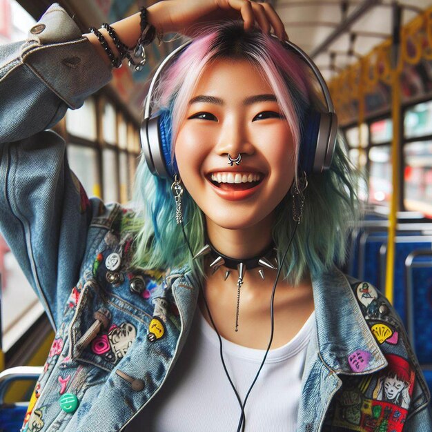 PSD beautiful young hppie freaky trendy woman with headphones plugs listening to music in a bus