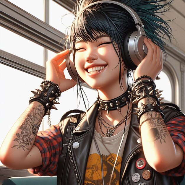 PSD beautiful young hppie freaky trendy woman with headphones plugs listening to music in a bus