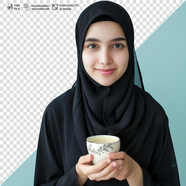 PSD beautiful young muslim woman in black burka hijab with bawal in her hand transparent background png