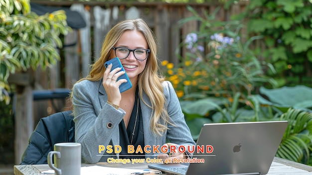 PSD una bella giovane donna sorridente con gli occhiali sta parlando al cellulare lavorando su un portatile in un ufficio a casa