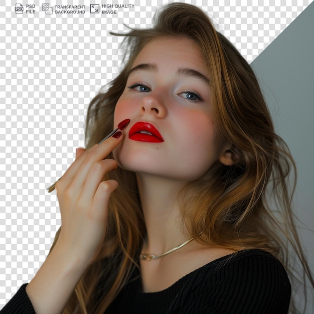 PSD 透明な背景で唇にチャップスティックを塗っている美しい若い女性