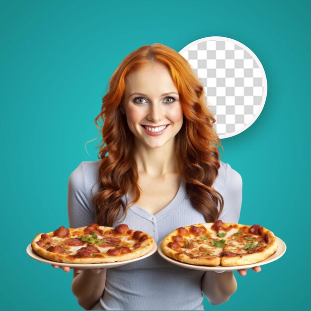 PSD beautiful young woman eating pizza