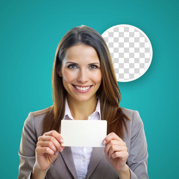 PSD beautiful young woman holds blank card