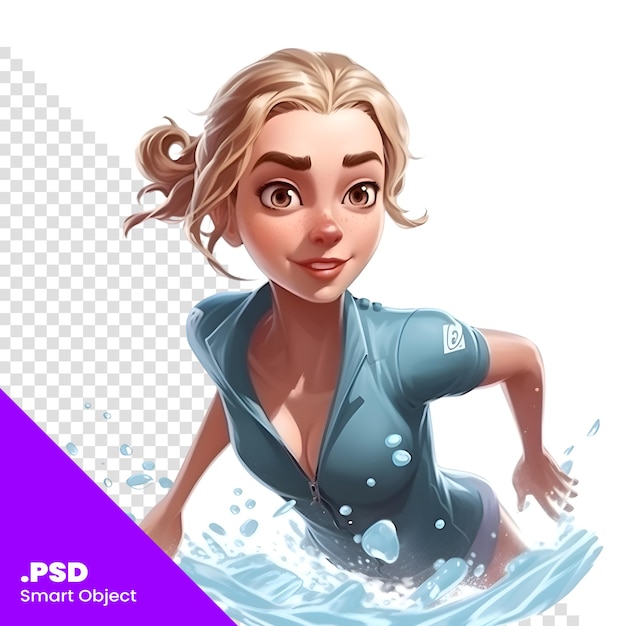 PSD Красивая молодая женщина в синем купальнике купается в море. psd шаблон