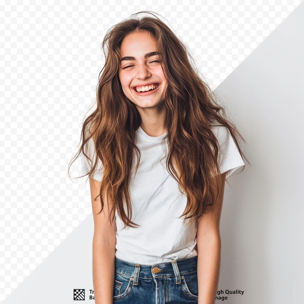 PSD bella giovane donna che ride felice sorriso sincero espressione faccia positiva emozione allegra stile hipster adolescente uscito vestito in jeans maglietta isolato su sfondo bianco isolato fa moderno