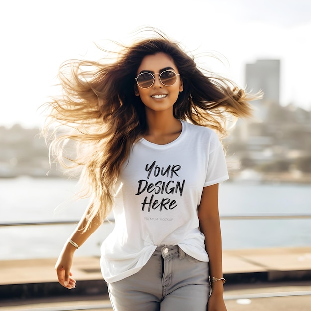 Beautiful young woman wearing white t shirt psd mockup perfect for summer vacation