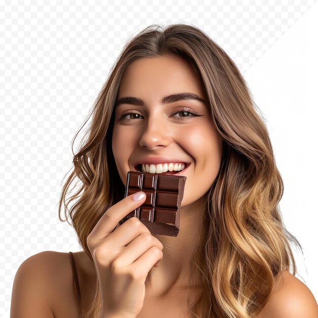 PSD beautiful young woman with tasty chocolate on white isolated background