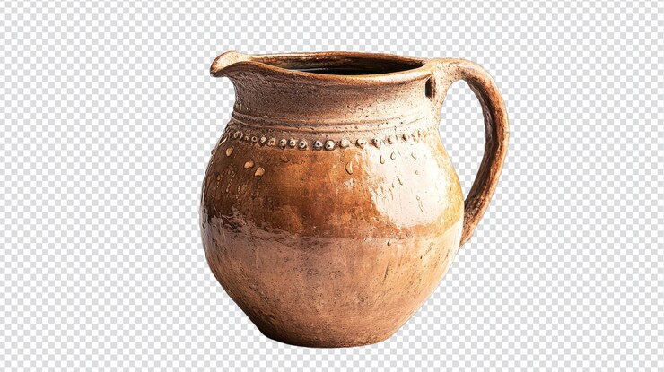 PSD a beautifully crafted clay jug filled with crystal clear water set against a pristine white background ideal for showcasing traditional pottery and home decor