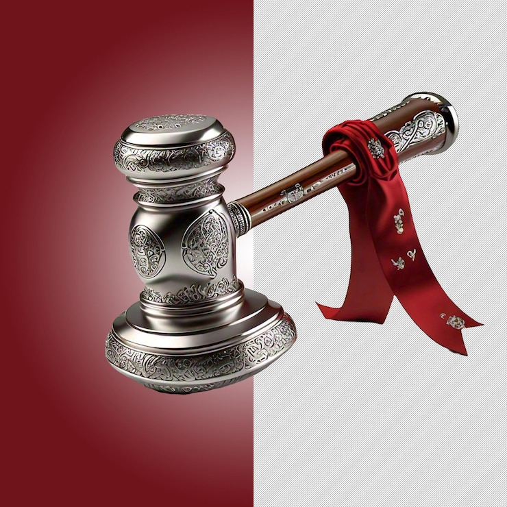 PSD a beautifully ornate silver gavel with intricate designs adorned with a red ribbon