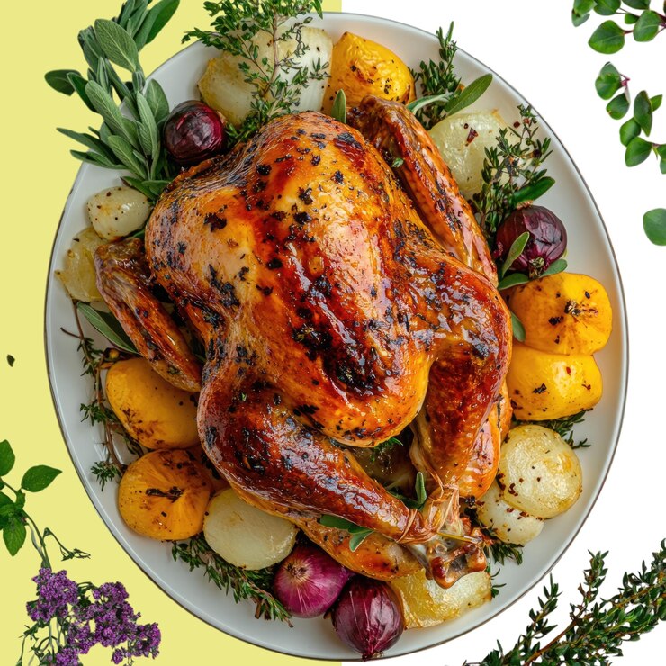 PSD a beautifully roasted turkey on an elegant platter surrounded by fresh herbs and vegetables against a white background transparent alpha background png