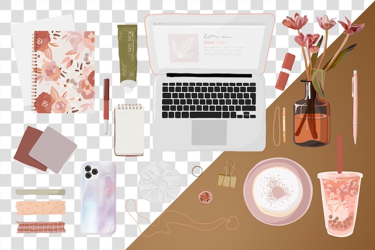 PSD beauty blogger essentials png sticker pink feminine illustration set