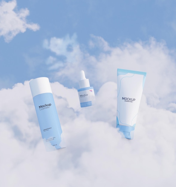 PSD beauty cosmetic products above the clouds mockup