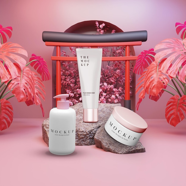 PSD beauty cream tube mockup skincare con podio e sfondo giapponese