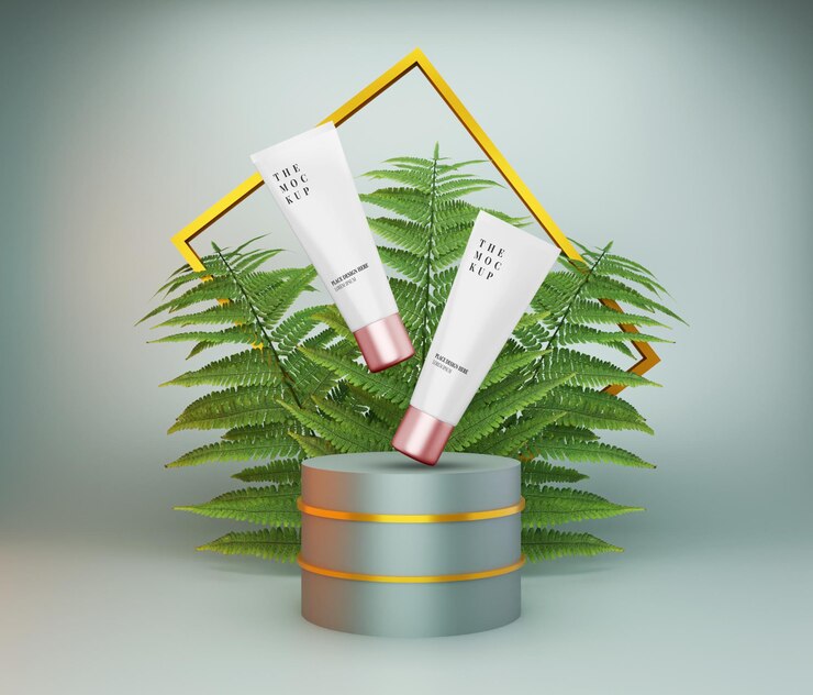 PSD beauty cream tube mockup skincare with podium and natural background