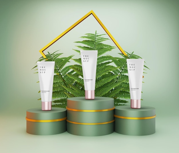 Beauty cream tube mockup skincare con podio e sfondo naturale