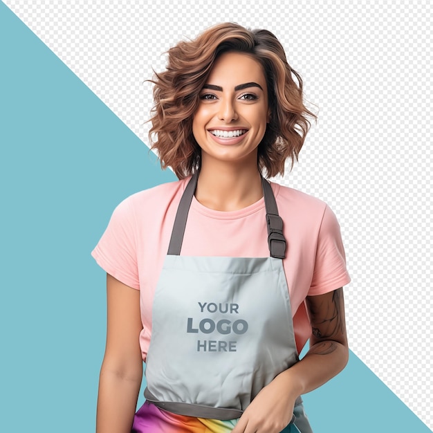 Bellezza parrucchiere donna maglietta grembiule sorridente cuoco chef trasparente arabo parrucchiere barbiere mockup