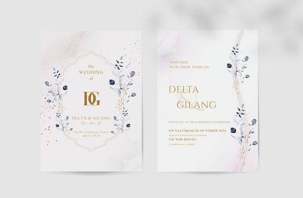 Beauty islamic wedding invitation with blue purple floral watercolor