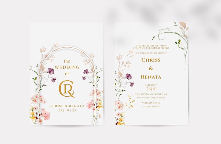 PSD ソフトパステルの野生の花の水彩画の美しさのイスラムの結婚式の招待状