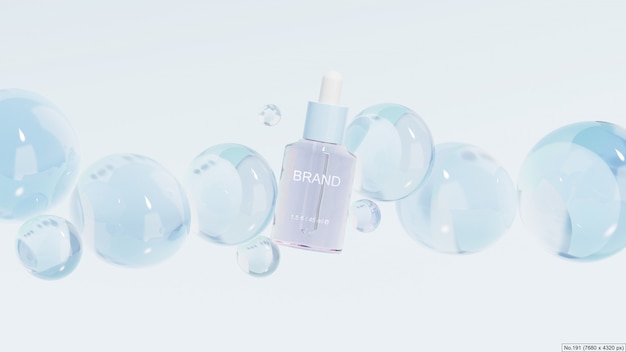 PSD beauty product with blue bubbles. 3d render