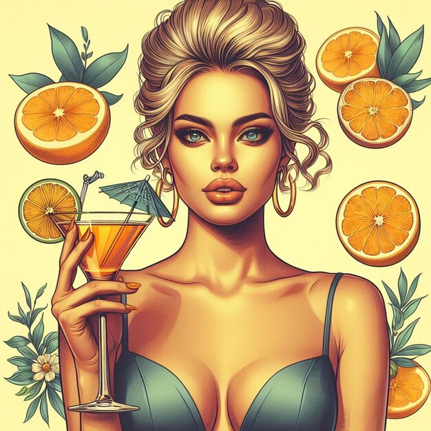 PSD beauty queen woman at the pool with margarita cocktail relaxation vacation vector art