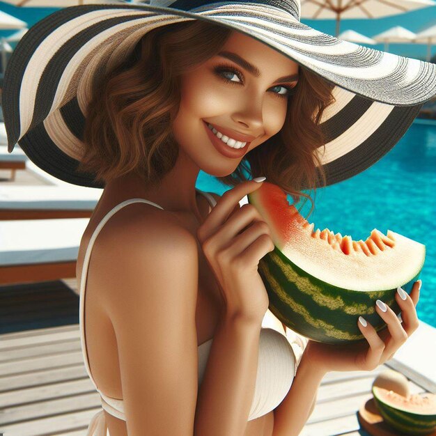 PSD beauty queen woman at the pool with melon relaxation vacation vector art